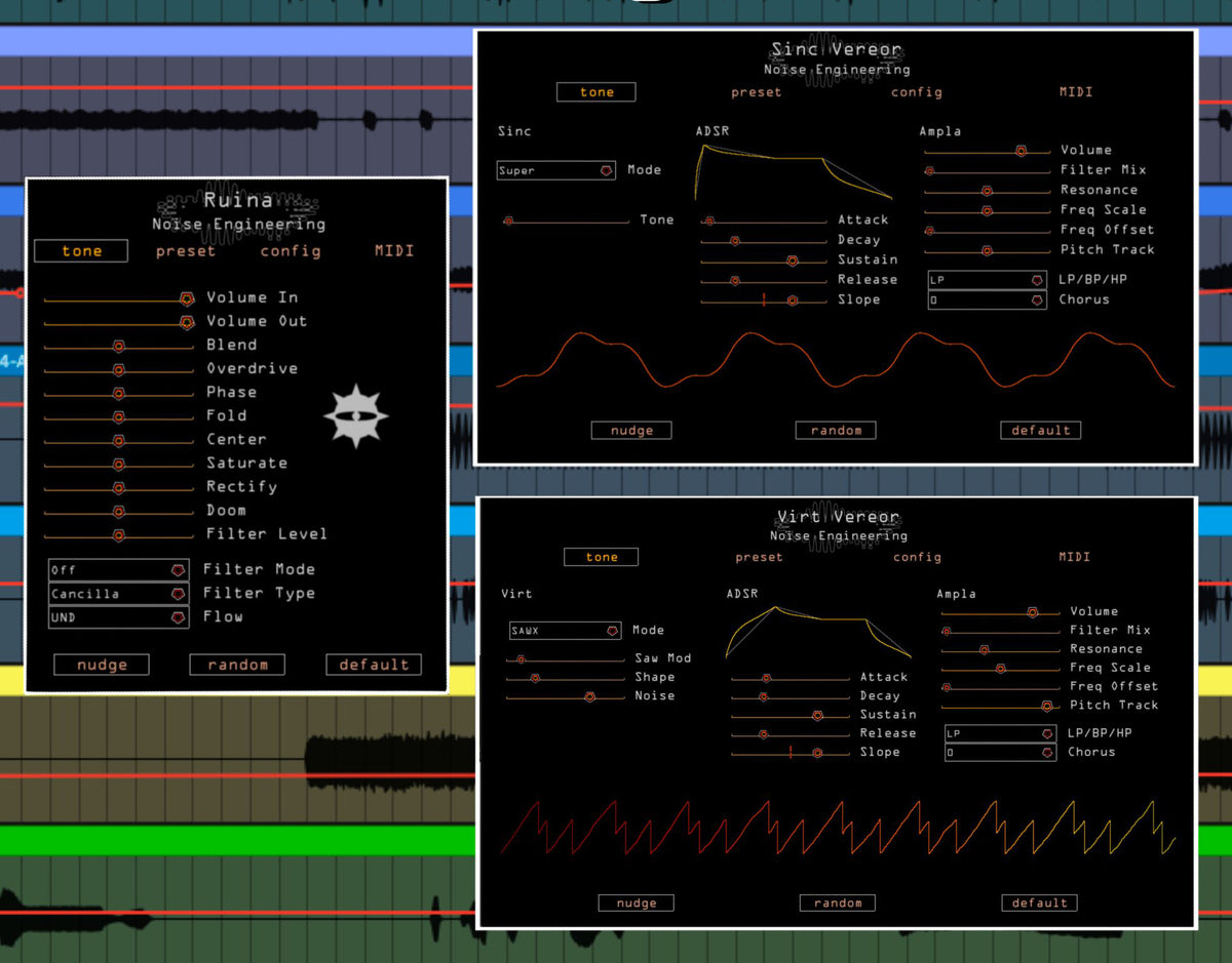 Group display from left to right of Noise Engineering Ruina, Sinc Vereor, Virt Vereor Software.  Freequel Bundle available now, FREE. | Noise Engineering plugins
