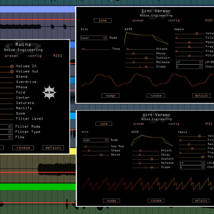 Group display from left to right of Noise Engineering Ruina, Sinc Vereor, Virt Vereor Software.  Freequel Bundle available now, FREE. | Noise Engineering plugins