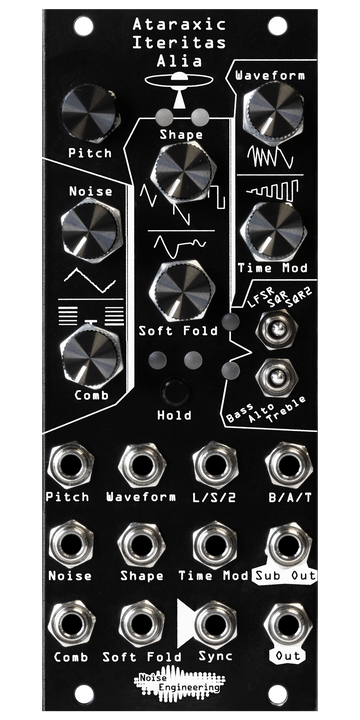 Load image into Gallery viewer, Ataraxic Iteritas Alia module in black with UFO icon. 7 knobs on top, two switches on the right, and jacks on the bottom.  Oscillator platform in 10HP | Noise Engineering
