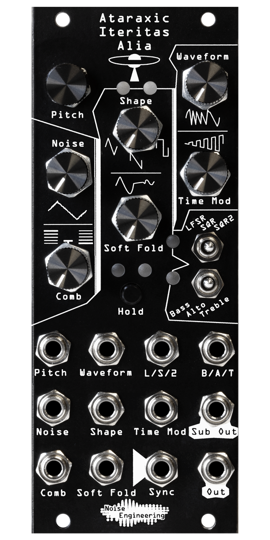 Ataraxic Iteritas Alia module in black with UFO icon. 7 knobs on top, two switches on the right, and jacks on the bottom.  Oscillator platform in 10HP | Noise Engineering