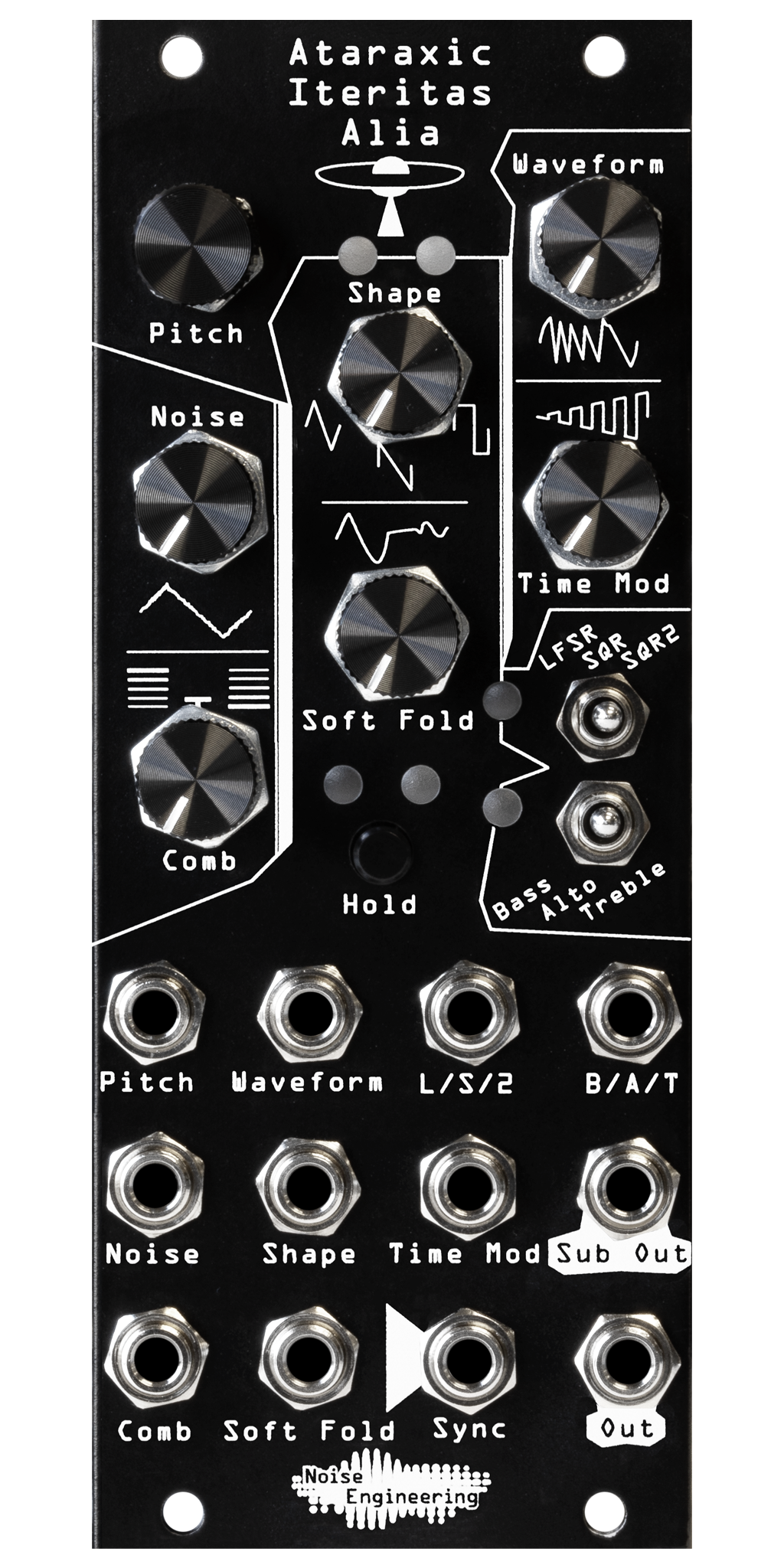 Ataraxic Iteritas Alia module in black with UFO icon. 7 knobs on top, two switches on the right, and jacks on the bottom.  Oscillator platform in 10HP | Noise Engineering