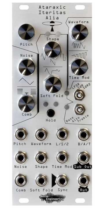 Load image into Gallery viewer, Ataraxic Iteritas Alia module in silver with UFO icon. 7 knobs on top, two switches on the right, and jacks on the bottom.  Oscillator platform in 10HP | Noise Engineering
