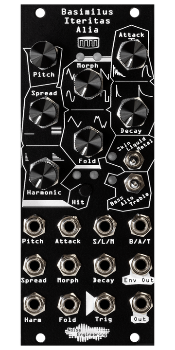 Load image into Gallery viewer, Basimilus Iteritas Alia 10HP universal percussion synth in black. 7 knobs on top with two switches below and jacks on bottom. A drum icon near the top.  | Noise Engineering
