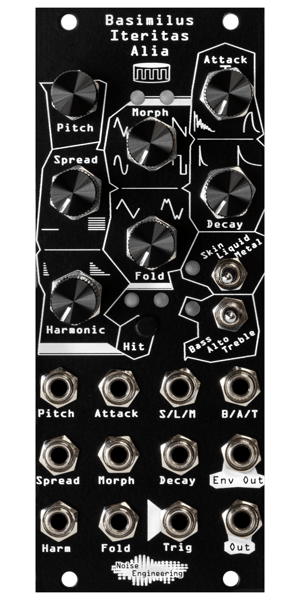 Basimilus Iteritas Alia 10HP universal percussion synth in black. 7 knobs on top with two switches below and jacks on bottom. A drum icon near the top.  | Noise Engineering