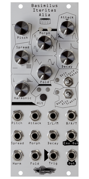 Load image into Gallery viewer, asimilus Iteritas Alia 10HP universal percussion synth in silver. 7 knobs on top with two switches below and jacks on bottom. A drum icon near the top.  | Noise Engineering
