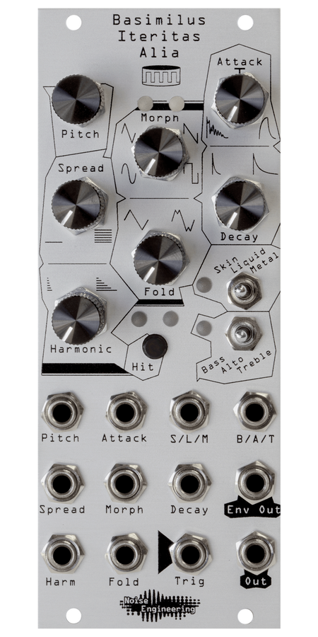 asimilus Iteritas Alia 10HP universal percussion synth in silver. 7 knobs on top with two switches below and jacks on bottom. A drum icon near the top.  | Noise Engineering