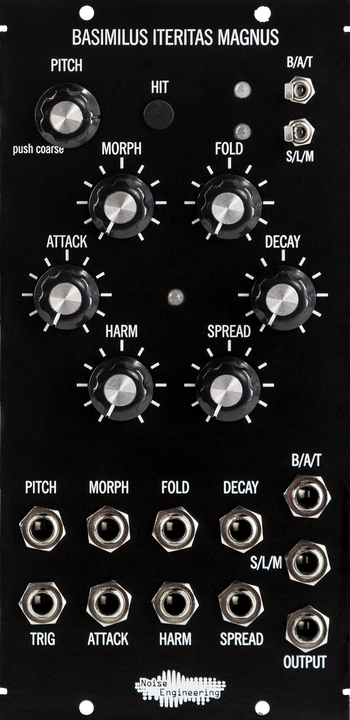 Load image into Gallery viewer, Black 5u oscillator module with minimalist art and large knobs on the top and jacks on the bottom. | Basimilus Iteritas Magnus by Noise Engineering
