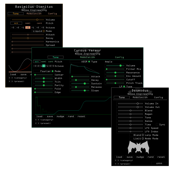 Load image into Gallery viewer, Noise Engineering Bundle 1 containing Basimilus Iteritas, Cursus Vereor, and Desmodus plugins
