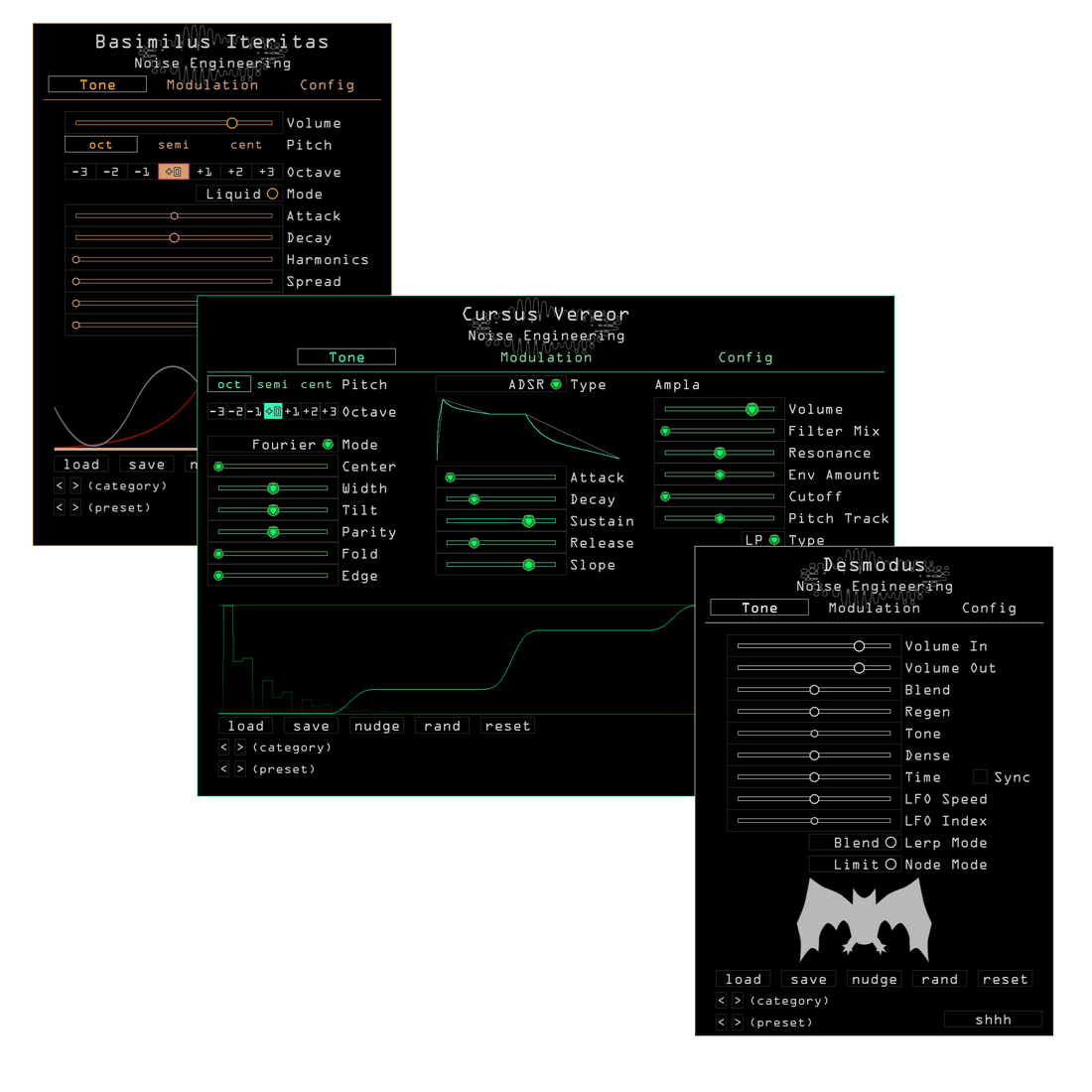 Noise Engineering Bundle 1 containing Basimilus Iteritas, Cursus Vereor, and Desmodus plugins