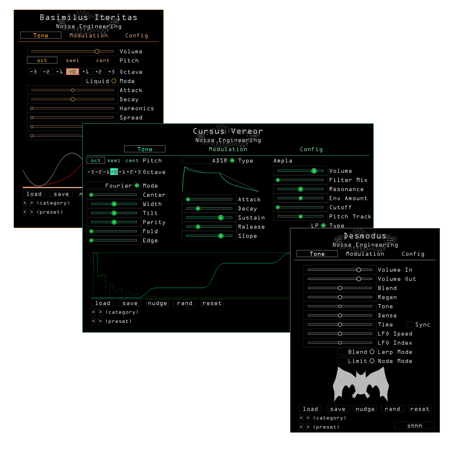 Noise Engineering Bundle 1 containing Basimilus Iteritas, Cursus Vereor, and Desmodus plugins