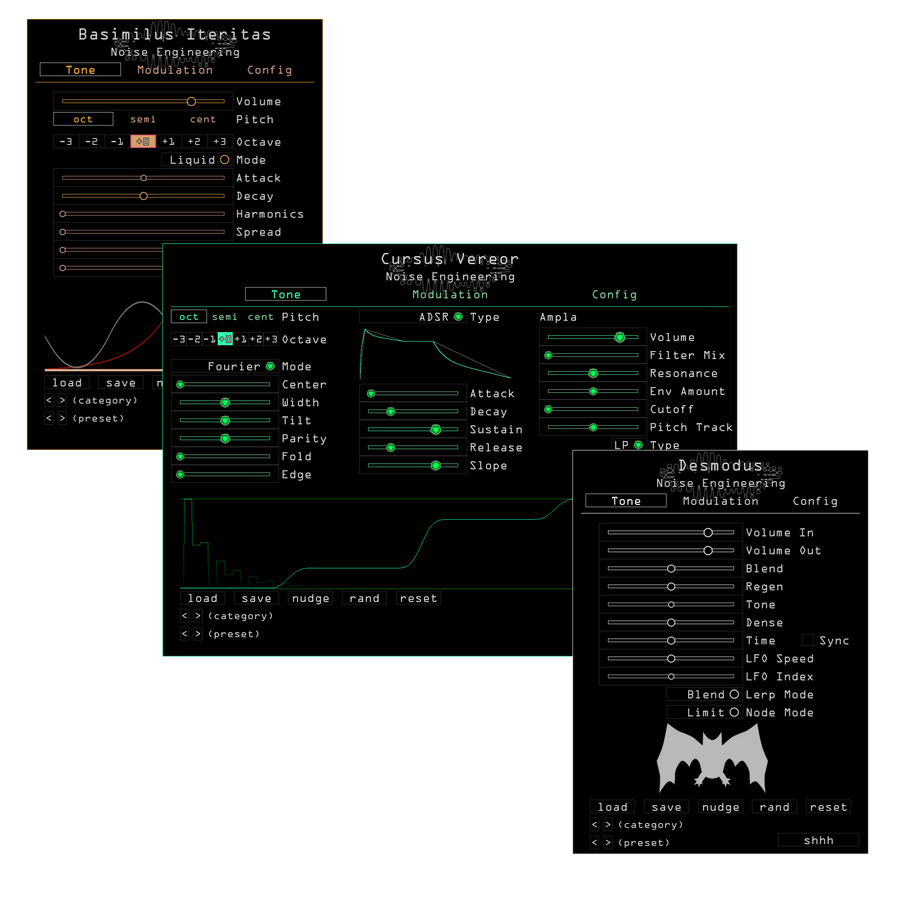 Noise Engineering Bundle 1 containing Basimilus Iteritas, Cursus Vereor, and Desmodus plugins