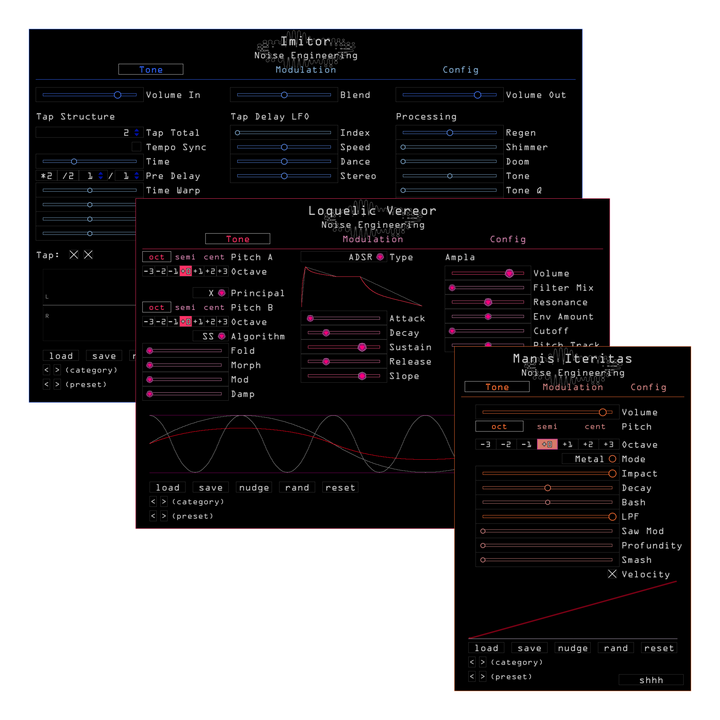 Load image into Gallery viewer, Noise Engineering plugin Bundle 1 containing Imitor, Loquelic Vereor, and Manis Iteritas
