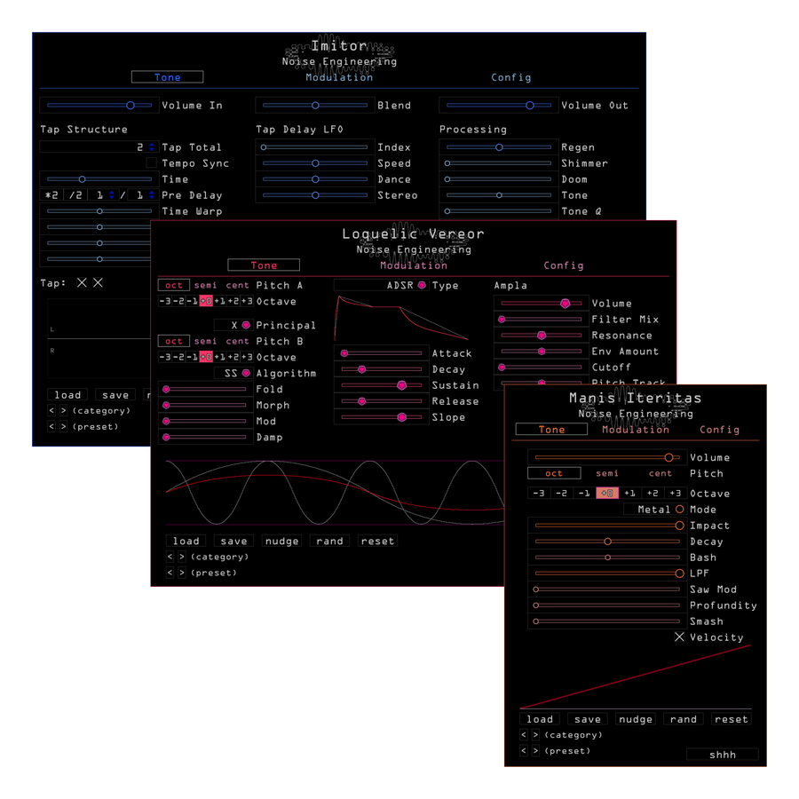 Noise Engineering plugin Bundle 1 containing Imitor, Loquelic Vereor, and Manis Iteritas