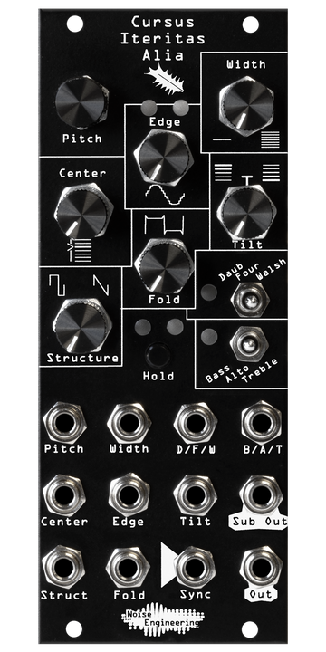 Load image into Gallery viewer, Cursus Iteritas Alia module in black with leaf icon. 7 knobs on top, two switches on the right, and jacks on the bottom.  Oscillator platform in 10HP | Noise Engineering
