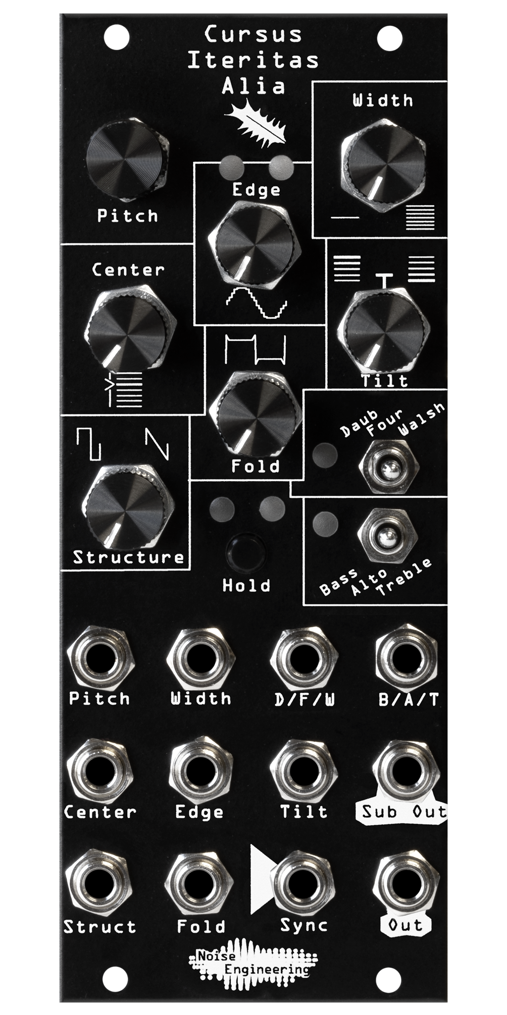 Cursus Iteritas Alia module in black with leaf icon. 7 knobs on top, two switches on the right, and jacks on the bottom.  Oscillator platform in 10HP | Noise Engineering