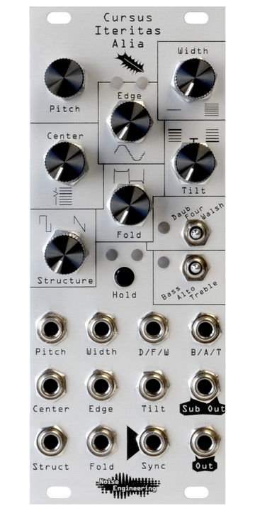 Load image into Gallery viewer, Cursus Iteritas Alia module in silver with leaf icon. 7 knobs on top, two switches on the right, and jacks on the bottom.  Oscillator platform in 10HP | Noise Engineering
