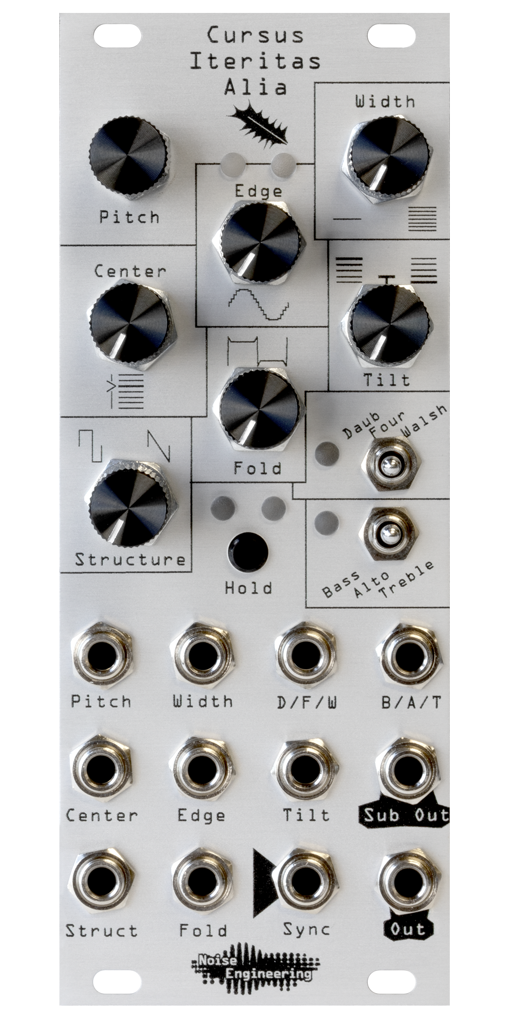 Cursus Iteritas Alia module in silver with leaf icon. 7 knobs on top, two switches on the right, and jacks on the bottom.  Oscillator platform in 10HP | Noise Engineering