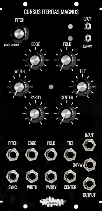 Load image into Gallery viewer, Black 5u oscillator module with minimalist art and large knobs on the top and jacks on the bottom. | Cursus Iteritas Magnus by Noise Engineering
