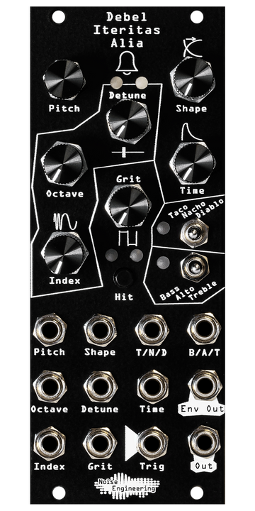 Load image into Gallery viewer, Debel Iteritas Alia 10HP additive phase-modulation voice in black. 7 knobs on top with two switches below and jacks on bottom. A bell icon near the top. | Noise Engineering
