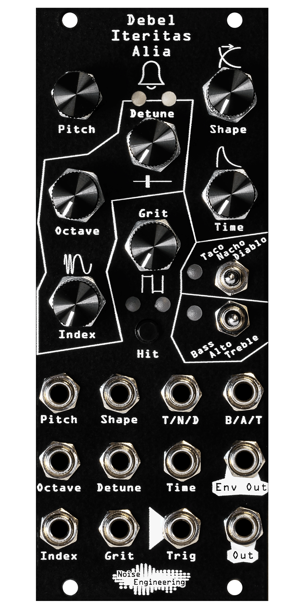 Debel Iteritas Alia 10HP additive phase-modulation voice in black. 7 knobs on top with two switches below and jacks on bottom. A bell icon near the top. | Noise Engineering