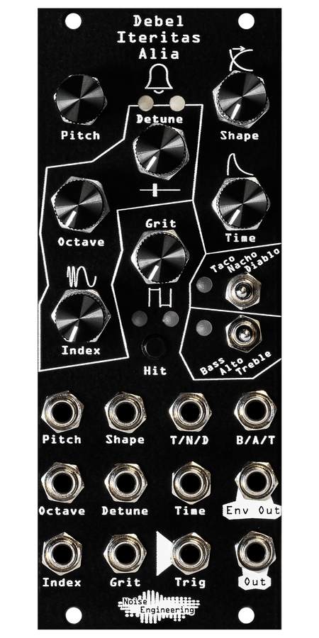 Debel Iteritas Alia 10HP additive phase-modulation voice in black. 7 knobs on top with two switches below and jacks on bottom. A bell icon near the top. | Noise Engineering