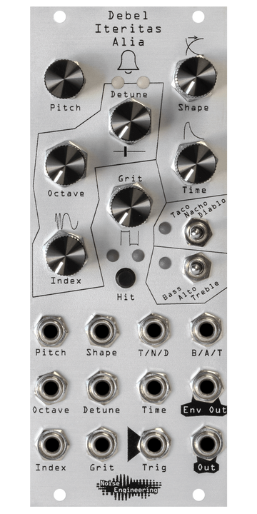 Load image into Gallery viewer, Debel Iteritas Alia 10HP additive phase-modulation voice in silver. 7 knobs on top with two switches below and jacks on bottom. A bell icon near the top. | Noise Engineering
