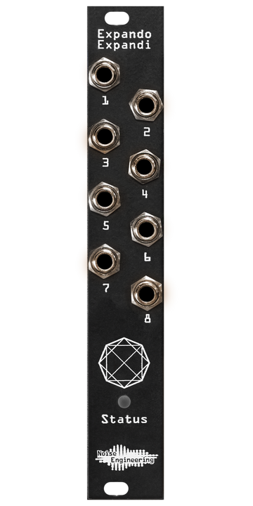 Load image into Gallery viewer, Expando Expandi expander in 4HP, black edition: 8 jacks loom over a strange shape which in turn looms over an LED labeled status. | Noise Engineering
