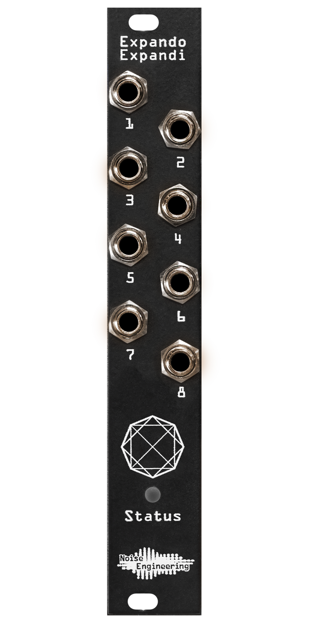 Expando Expandi expander in 4HP, black edition: 8 jacks loom over a strange shape which in turn looms over an LED labeled status. | Noise Engineering