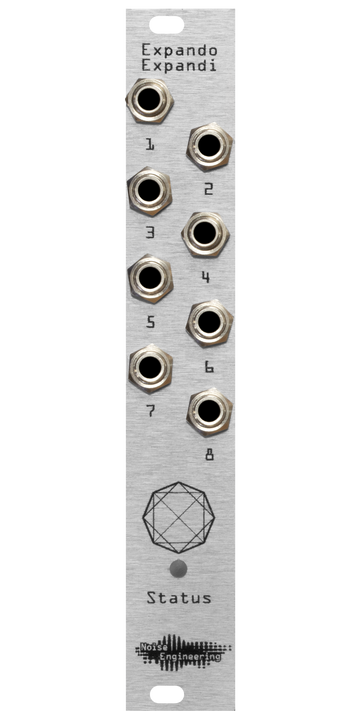 Load image into Gallery viewer, Expando Expandi expander in 4HP, silver edition: 8 jacks loom over a strange shape which in turn looms over an LED labeled status. | Noise Engineering
