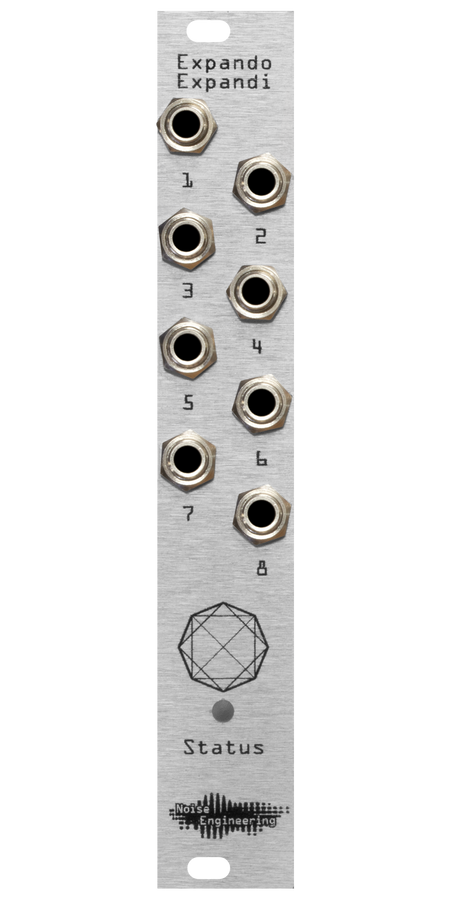 Expando Expandi expander in 4HP, silver edition: 8 jacks loom over a strange shape which in turn looms over an LED labeled status. | Noise Engineering