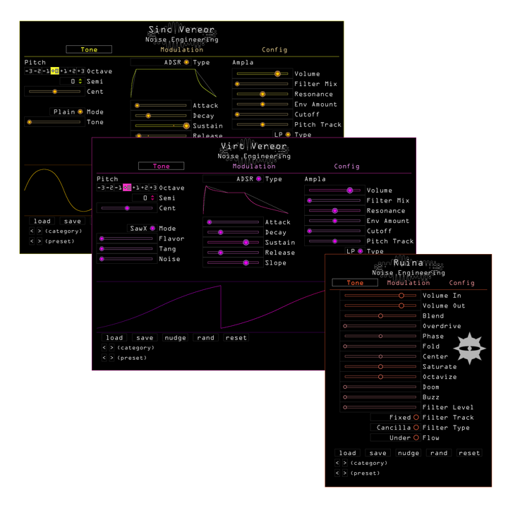 Load image into Gallery viewer, Noise Engineering Freequel plugin bundle containing Sinc Vereor, Virt Vereor, and Ruina
