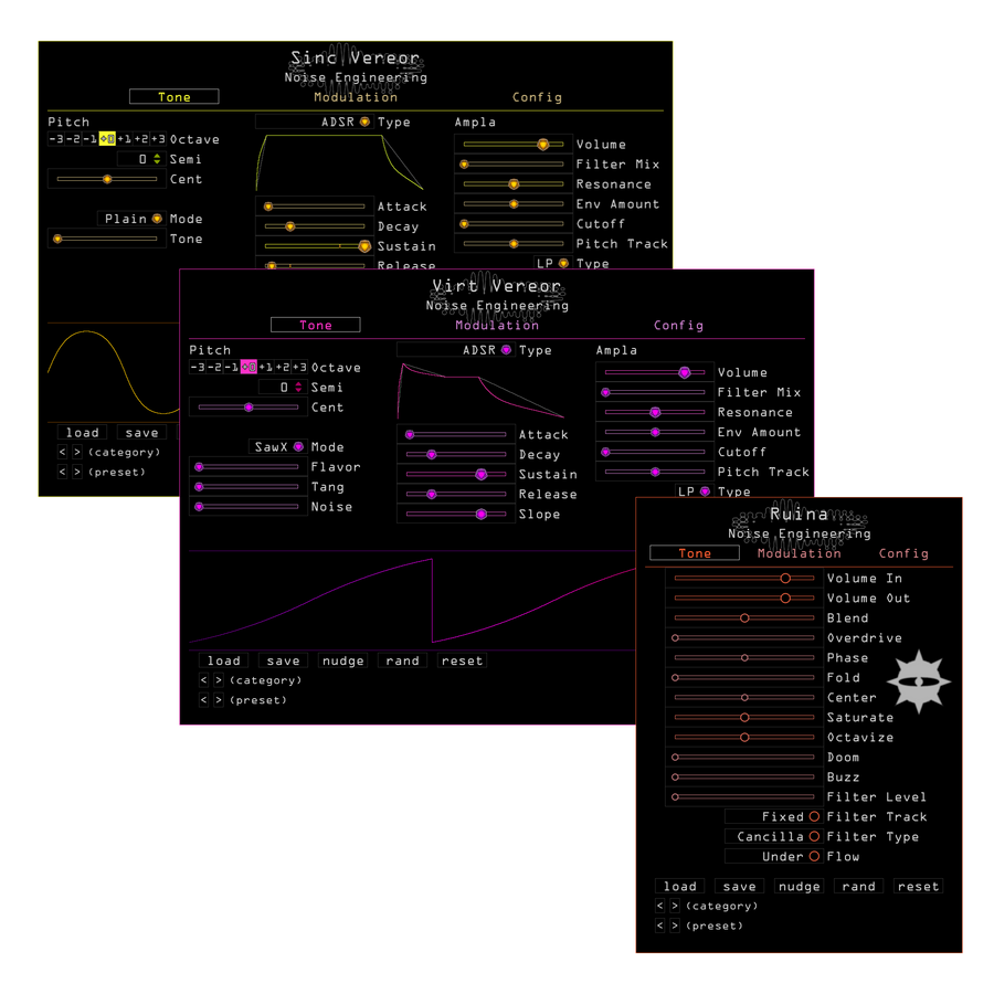 Noise Engineering Freequel plugin bundle containing Sinc Vereor, Virt Vereor, and Ruina