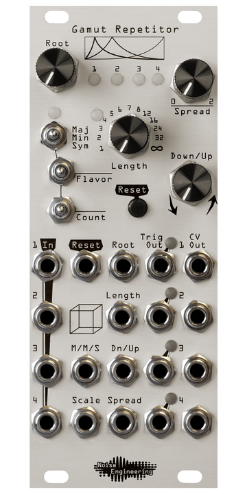 Load image into Gallery viewer, Gamut Repetitor in silver. LEDs, 4 pots, 3 switches, and a momentary are at the top.  19 jacks are on the bottom with a cube graphic and LEDs for trig outs. | Noise Engineering
