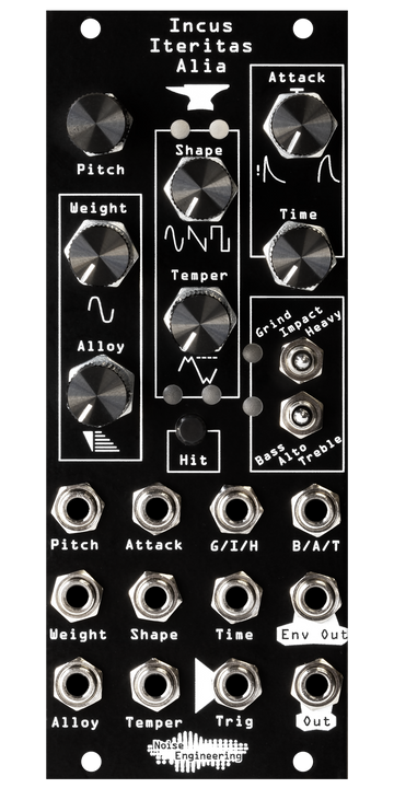 Load image into Gallery viewer, Incus Iteritas Alia module in black with anvil icon. 7 knobs on top, two switches on the right, and jacks on the bottom.  Oscillator platform in 10HP | Noise Engineering
