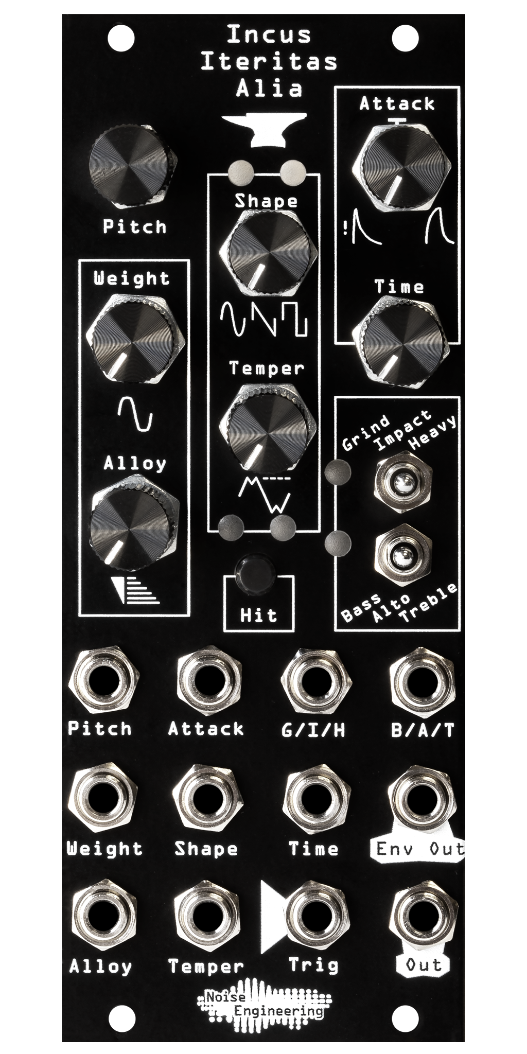 Incus Iteritas Alia module in black with anvil icon. 7 knobs on top, two switches on the right, and jacks on the bottom.  Oscillator platform in 10HP | Noise Engineering