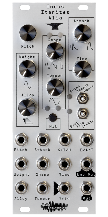 Load image into Gallery viewer, Incus Iteritas Alia module in silver with anvil icon. 7 knobs on top, two switches on the right, and jacks on the bottom.  Oscillator platform in 10HP | Noise Engineering
