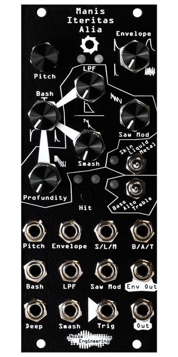 Load image into Gallery viewer, Manis Iteritas Alia 10HP gritty industrial voice in black. 7 knobs on top with two switches below and jacks on bottom. A saw icon near the top. | Noise Engineering
