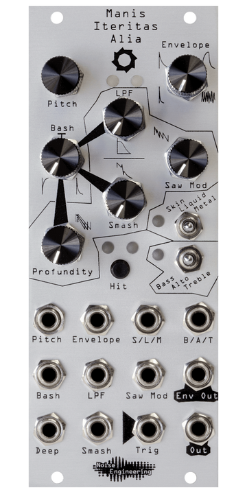 Load image into Gallery viewer, Manis Iteritas Alia 10HP gritty industrial voice in silver. 7 knobs on top with two switches below and jacks on bottom. A saw icon near the top. | Noise Engineering
