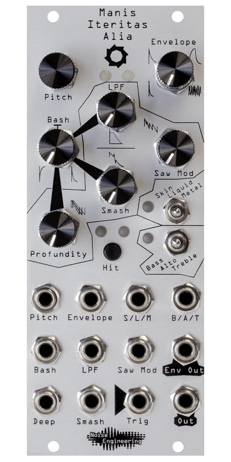 Manis Iteritas Alia 10HP gritty industrial voice in silver. 7 knobs on top with two switches below and jacks on bottom. A saw icon near the top. | Noise Engineering