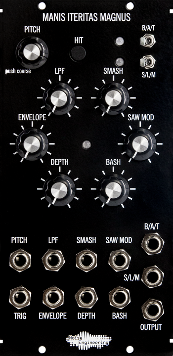 Load image into Gallery viewer, Black 5u oscillator module with minimalist art and large knobs on the top and jacks on the bottom. | Manis Iteritas Magnus by Noise Engineering
