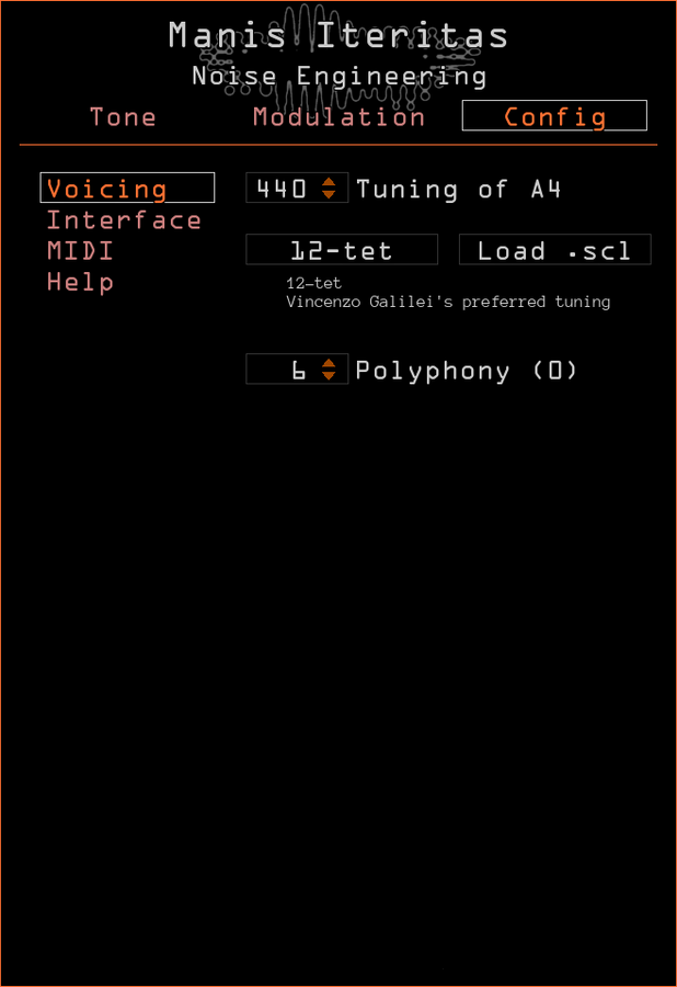 Noise Engineering Manis Iteritas synth plugin Config page