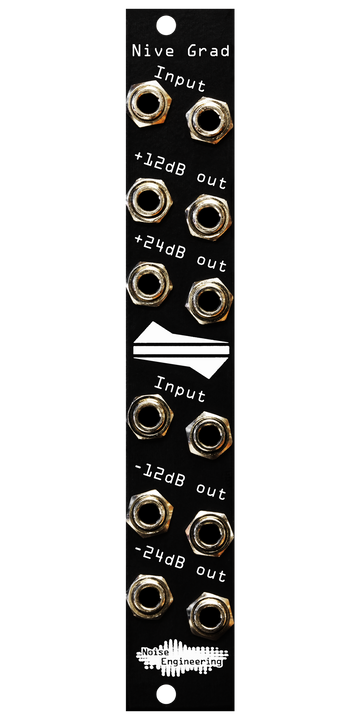 Load image into Gallery viewer, Nive Grad level shifter in black. The top half has two input jacks with two +12 and two +24 dB outputs. The bottom has two input jacks and two -12 and two -24 dB outputs. | Noise Engineering
