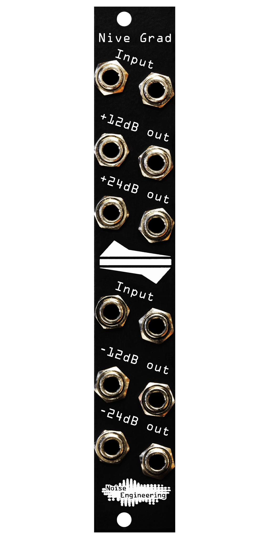 Nive Grad level shifter in black. The top half has two input jacks with two +12 and two +24 dB outputs. The bottom has two input jacks and two -12 and two -24 dB outputs. | Noise Engineering