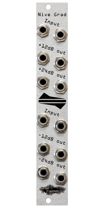 Load image into Gallery viewer, Nive Grad level shifter in silver. The top half has two input jacks with two +12 and two +24 dB outputs. The bottom has two input jacks and two -12 and two -24 dB outputs. | Noise Engineering
