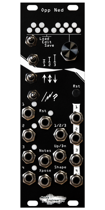 Load image into Gallery viewer, Opp Ned arpeggiator in 8HP with black panel. 12 LEDs arranged like a piano at top. Below that, 4 switches in one column, and an encoder and button in another.  14 jacks and 5 LEDs at bottom. | Noise Engineering 
