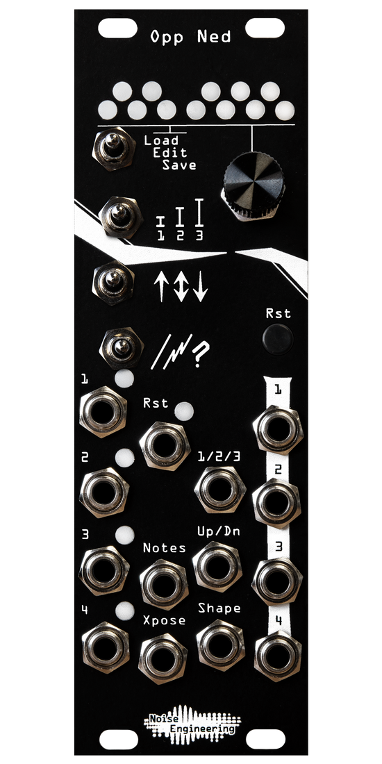 Opp Ned arpeggiator in 8HP with black panel. 12 LEDs arranged like a piano at top. Below that, 4 switches in one column, and an encoder and button in another.  14 jacks and 5 LEDs at bottom. | Noise Engineering 