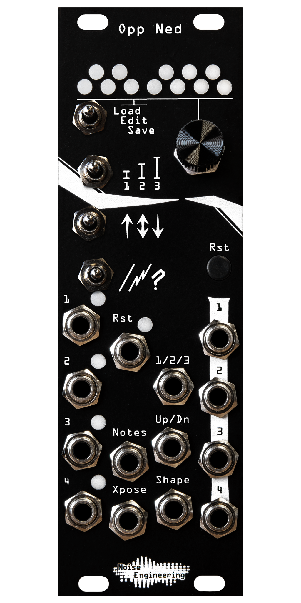 Opp Ned arpeggiator in 8HP with black panel. 12 LEDs arranged like a piano at top. Below that, 4 switches in one column, and an encoder and button in another.  14 jacks and 5 LEDs at bottom. | Noise Engineering 