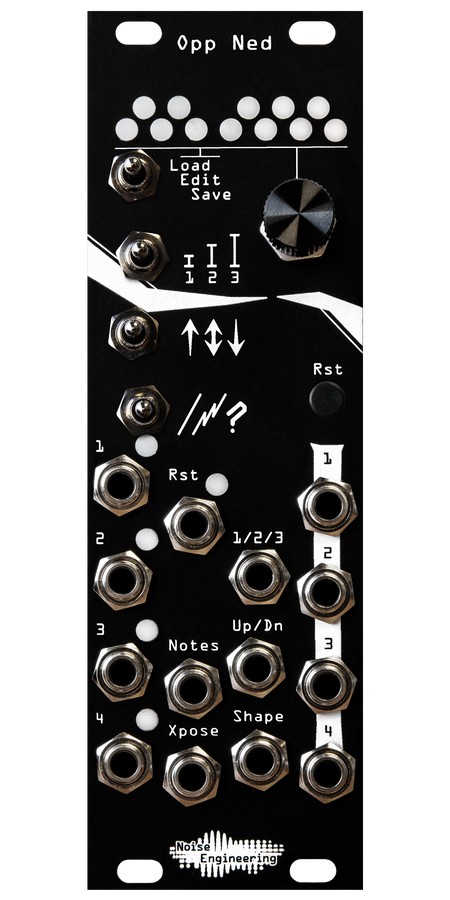 Opp Ned arpeggiator in 8HP with black panel. 12 LEDs arranged like a piano at top. Below that, 4 switches in one column, and an encoder and button in another.  14 jacks and 5 LEDs at bottom. | Noise Engineering 