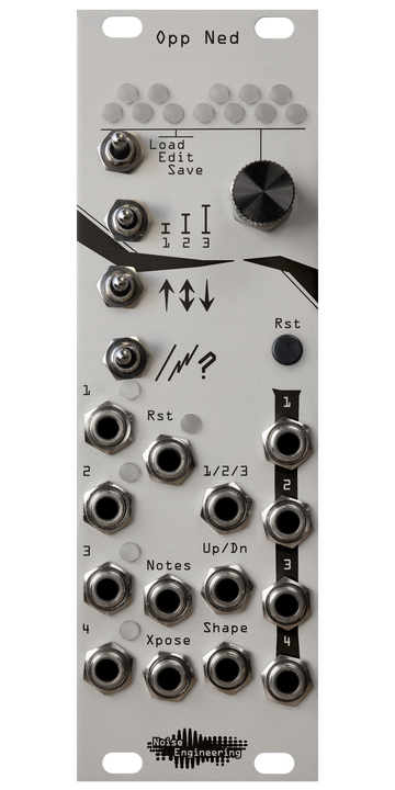 Load image into Gallery viewer, Opp Ned arpeggiator in 8HP with silver panel. 12 LEDs arranged like a piano at top. Below that, 4 switches in one column, and an encoder and button in another. 14 jacks and 5 LEDs at bottom. | Noise Engineering
