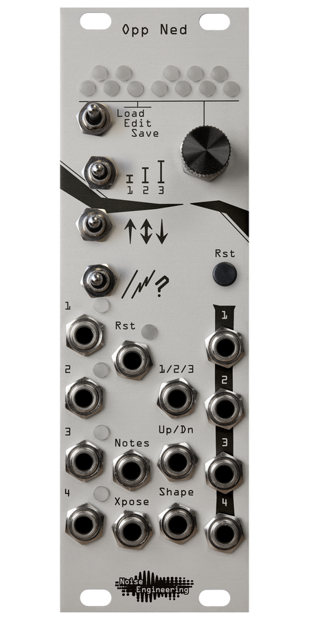 Opp Ned arpeggiator in 8HP with silver panel. 12 LEDs arranged like a piano at top. Below that, 4 switches in one column, and an encoder and button in another. 14 jacks and 5 LEDs at bottom. | Noise Engineering